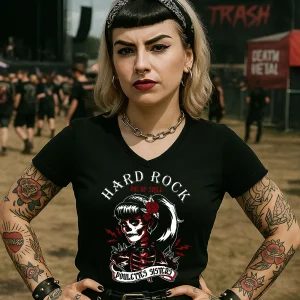 T-shirt femme, col V "Hard Rock Pin up Skull" Noir